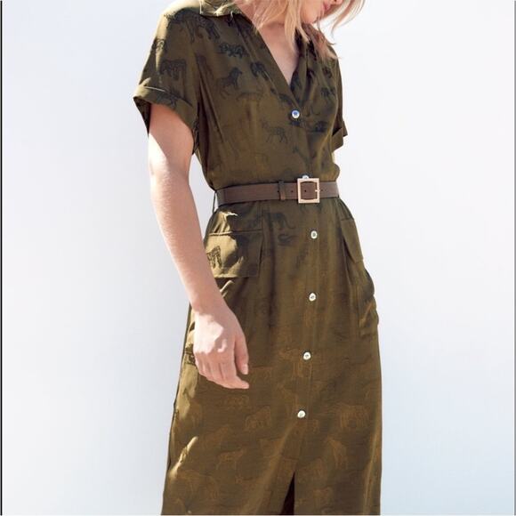 Zara Midi Dress Small Brown‎ Animal Print Metallic Safari Button-Up Shirtdress S - Picture 8 of 11